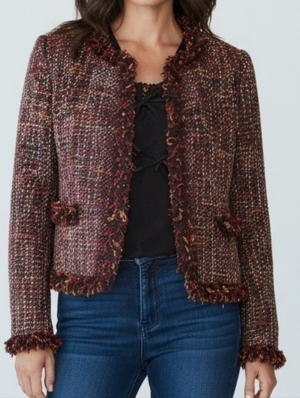 Sandro Ferrone Roma Tweed Fringed Cropped Jacket Size 46 USA L